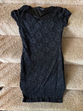 Roz & Ali Black Lace Crisscross Cap-Sleeve Mini Dress